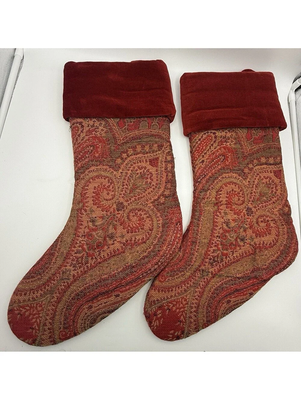 Pottery Barn Tapestry x 2 Lot Christmas Stocking Red Paisley Velvet Cuff VTG